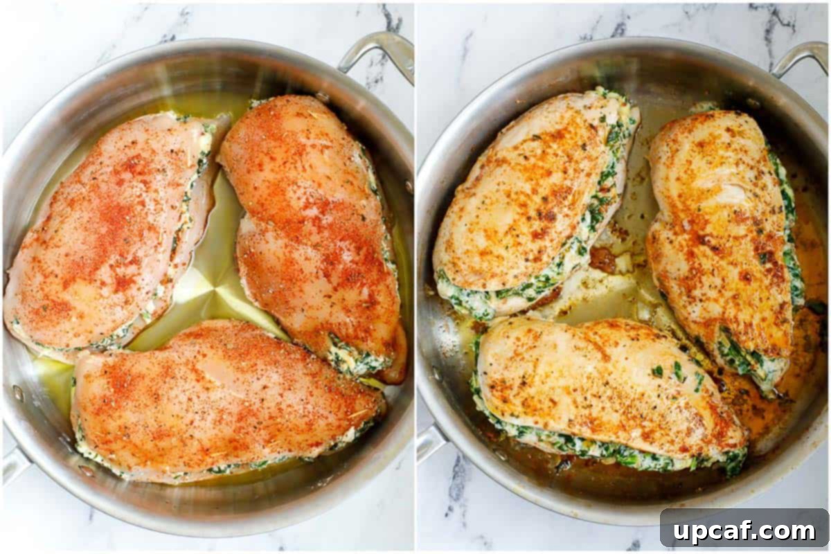Creamy Spinach Artichoke Stuffed Chicken 7 Pan-seared stuffed chicken breasts in a skillet.