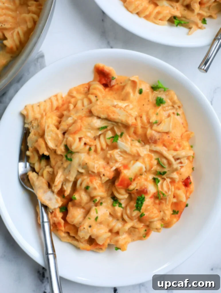 Fiery Buffalo Chicken Pasta Bake 2 Buffalo Chicken Mac and Cheese on a white plate, showcasing a rich, creamy texture and vibrant color.