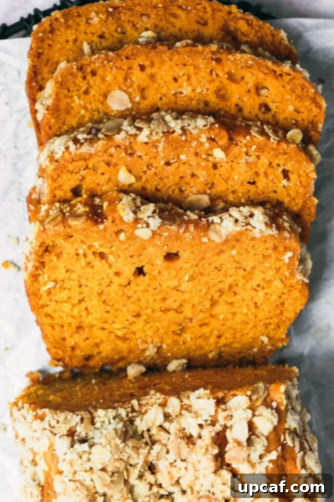 Top down shot of pumpkin bread sliced, ready to be served.