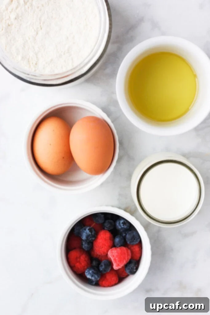Neatly arranged ingredients for making the best crepe recipe, including flour, eggs, milk, and vanilla, ready for mixing.