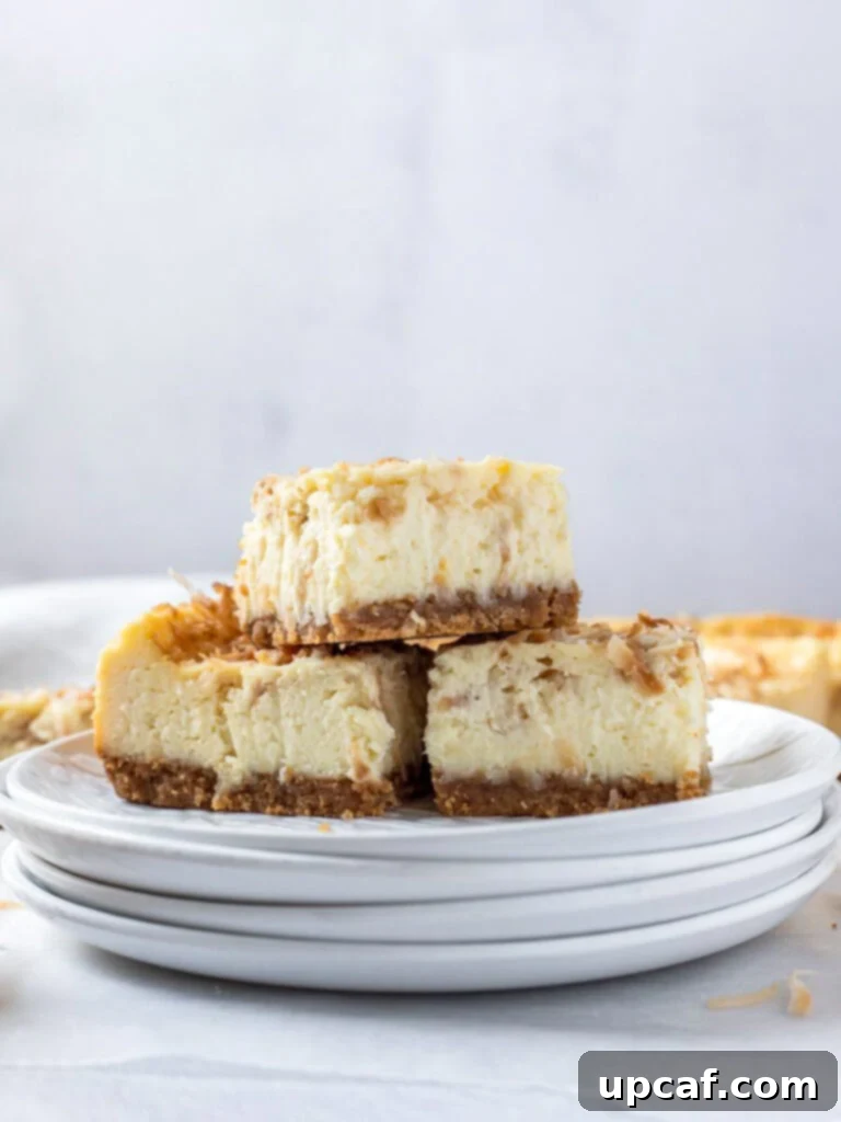 Close-up of freshly baked coconut cheesecake bars neatly stacked on a white plate, revealing the golden-brown crust and smooth, creamy filling