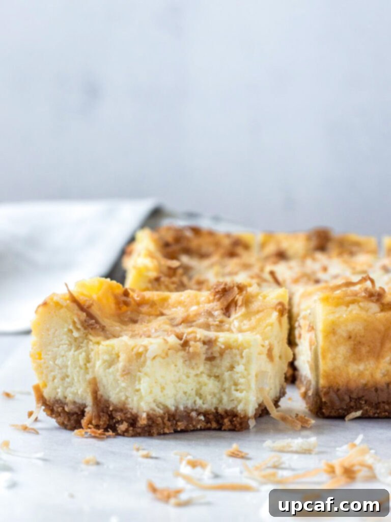 A delectable coconut cheesecake bar with a bite taken out, showing the perfect layers of crust and creamy filling