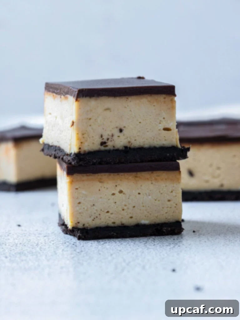 A beautifully stacked display of Chocolate Peanut Butter Cheesecake Bars, ready to be served, showing off their distinct layers.