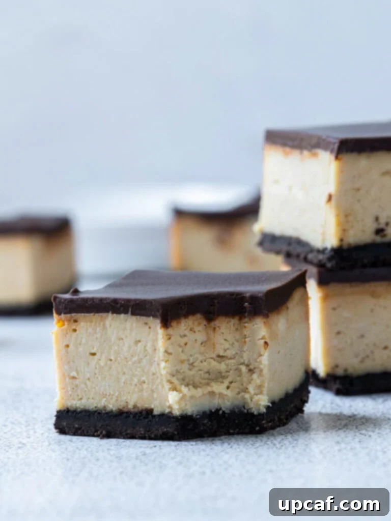 A tempting close-up shot of a single Chocolate Peanut Butter Cheesecake Bar with a bite taken out, showing the perfectly layered textures.