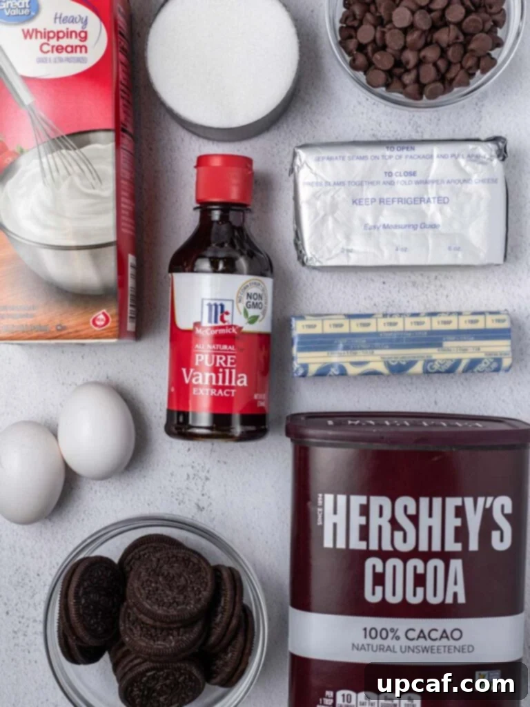 Decadent Double Chocolate Cheesecake 3 All the ingredients for Double Chocolate Cheesecake laid out on a surface, ready for preparation.