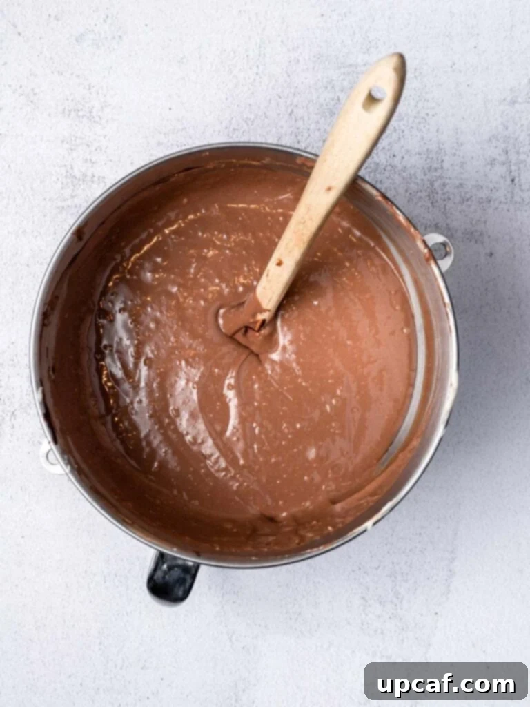 Decadent Double Chocolate Cheesecake 4 Creamy chocolate cheesecake batter in a mixing bowl, ready to be poured into the crust.
