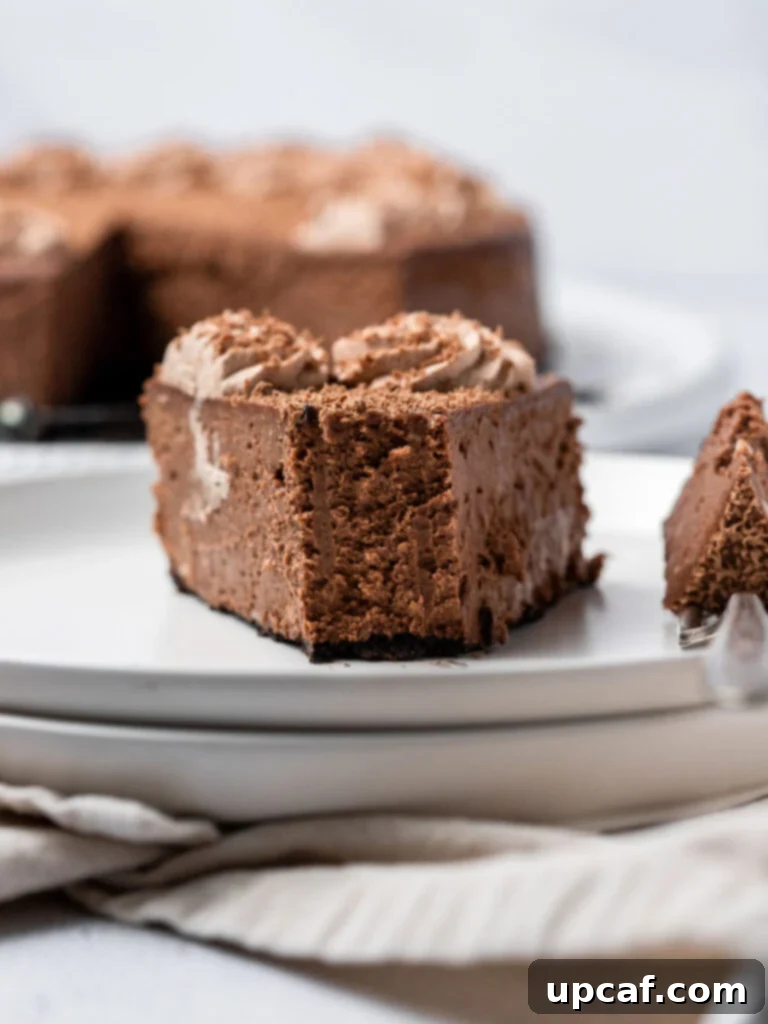 Decadent Double Chocolate Cheesecake 6 A delectable slice of Double Chocolate Cheesecake with a bite taken out, showing the creamy filling and crisp crust.