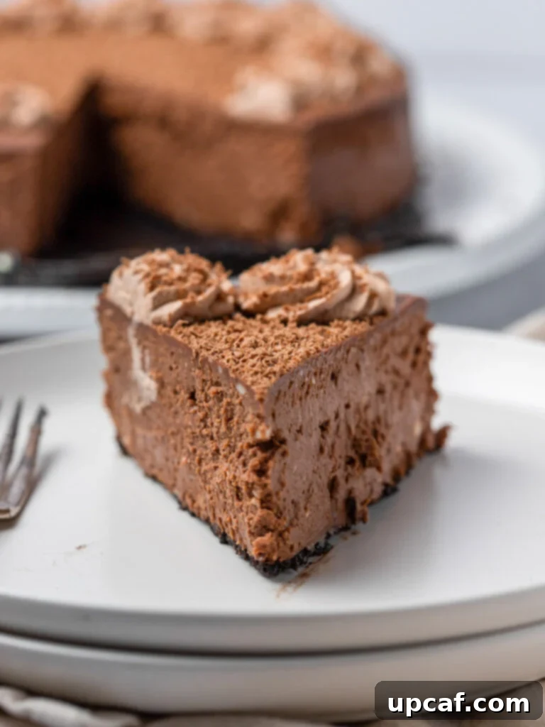 Decadent Double Chocolate Cheesecake 7 A pristine slice of Double Chocolate Cheesecake resting on a simple white plate, ready to be enjoyed.