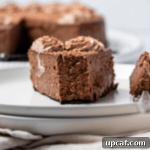 Decadent Double Chocolate Cheesecake 8 A delicious slice of Double Chocolate Cheesecake with a bite taken out, on a plate.