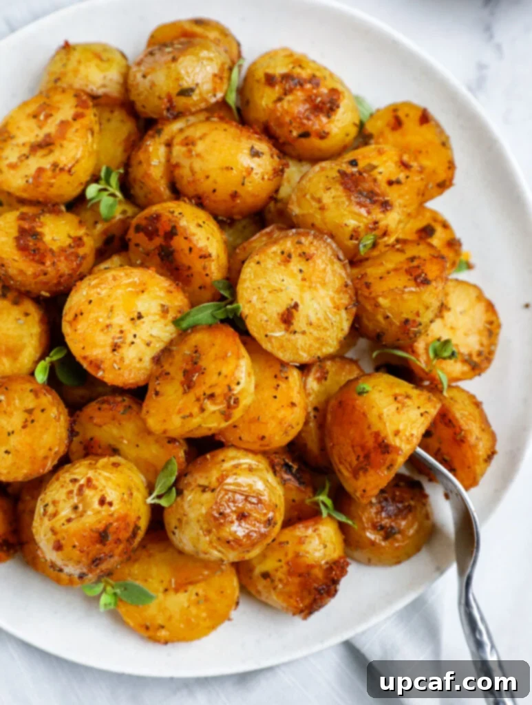 Top down shot of oven roasted potatoes on a white dish, garnished with fresh herbs.