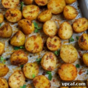 Top down shot of oven roasted baby potatoes on a sheet pan.