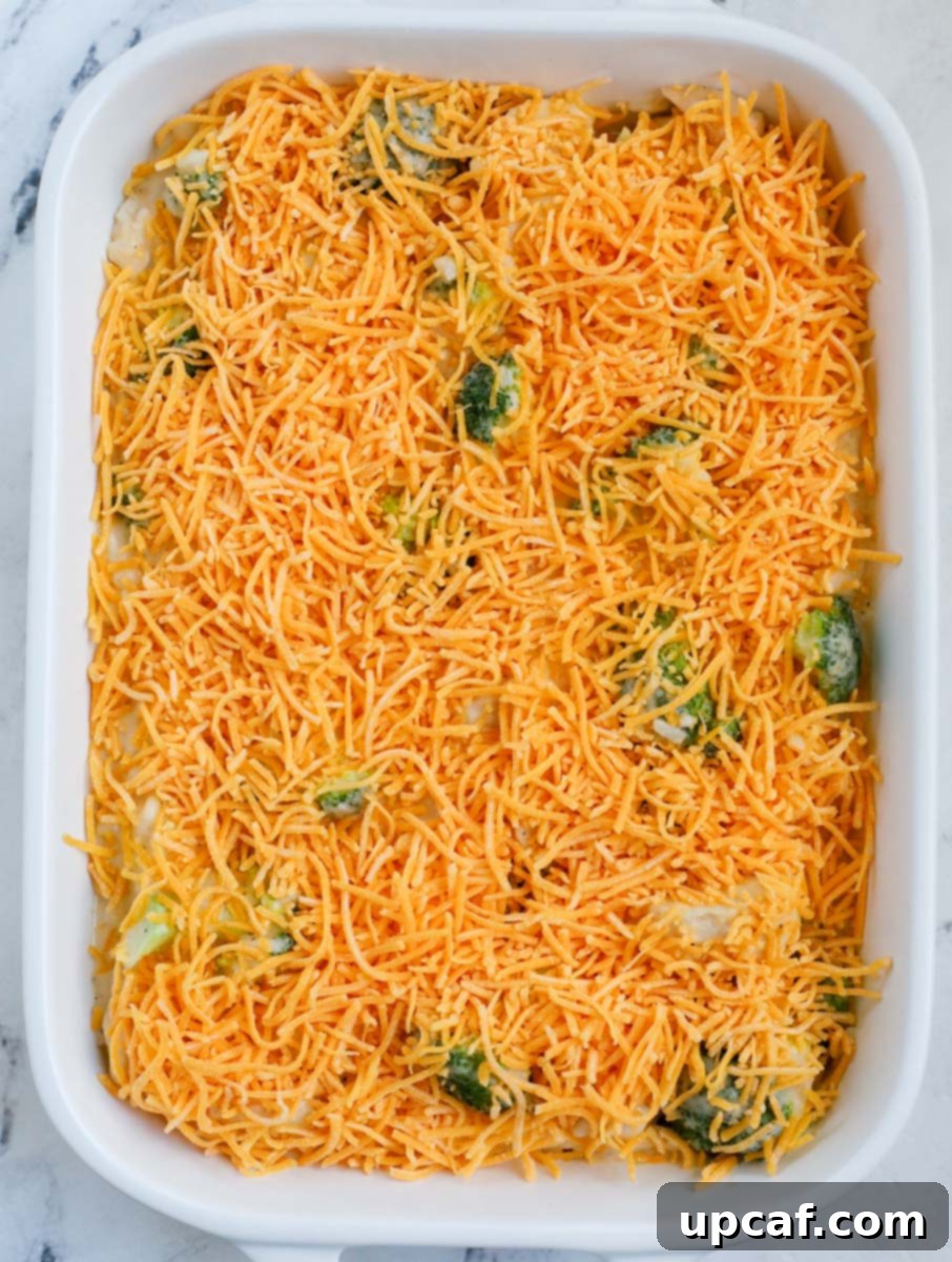 A white casserole dish showcasing a chicken broccoli rice casserole generously topped with shredded cheddar cheese, ready for baking.