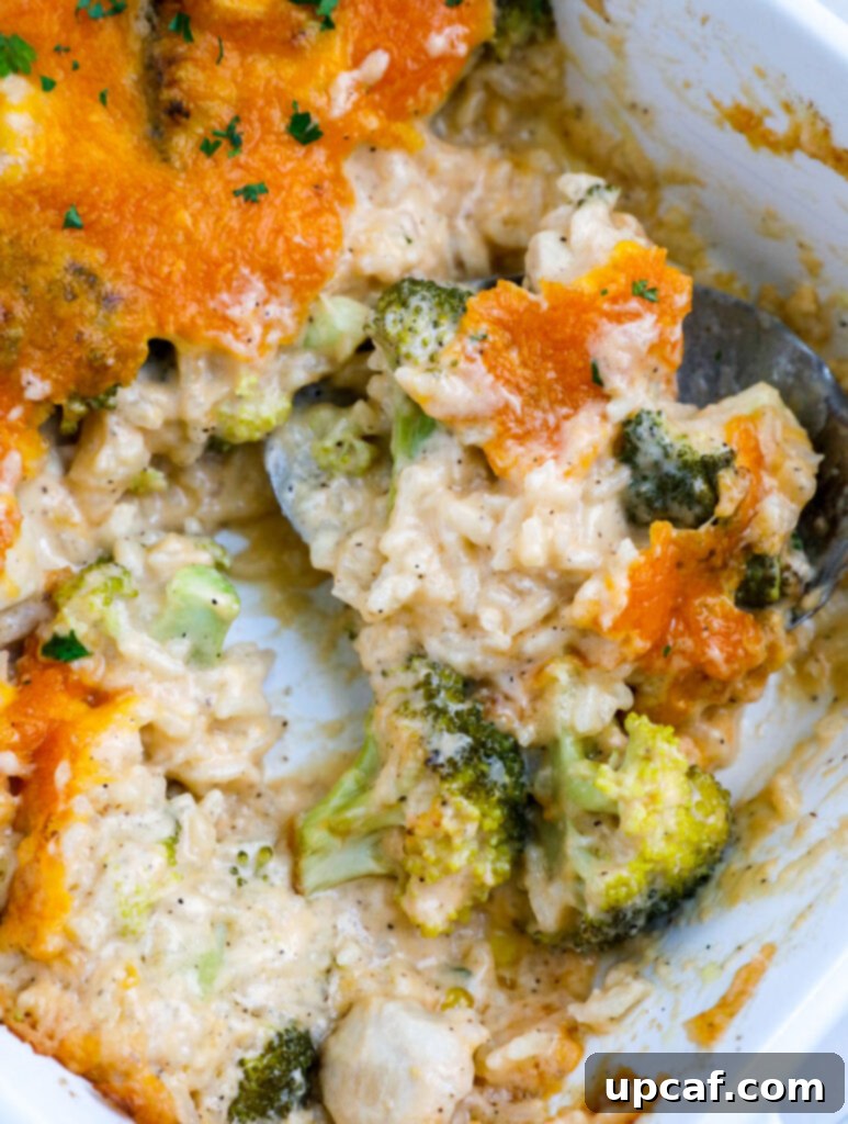 A generous scoop of chicken broccoli and rice casserole served in a white baking dish, showing its creamy texture and cheesy top.
