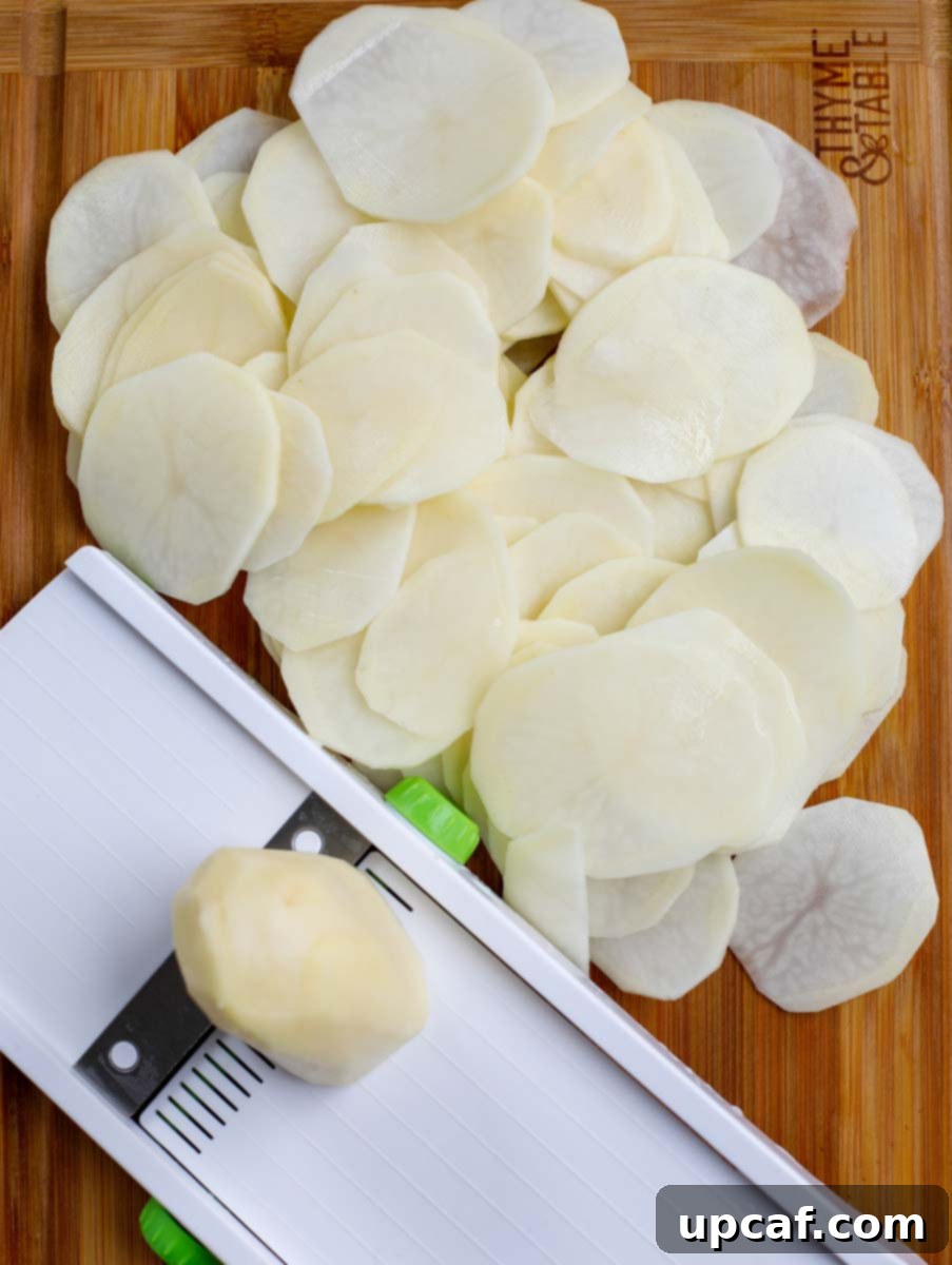 Top-down shot of thinly sliced potatoes spread on a wooden table, ready for rinsing.
