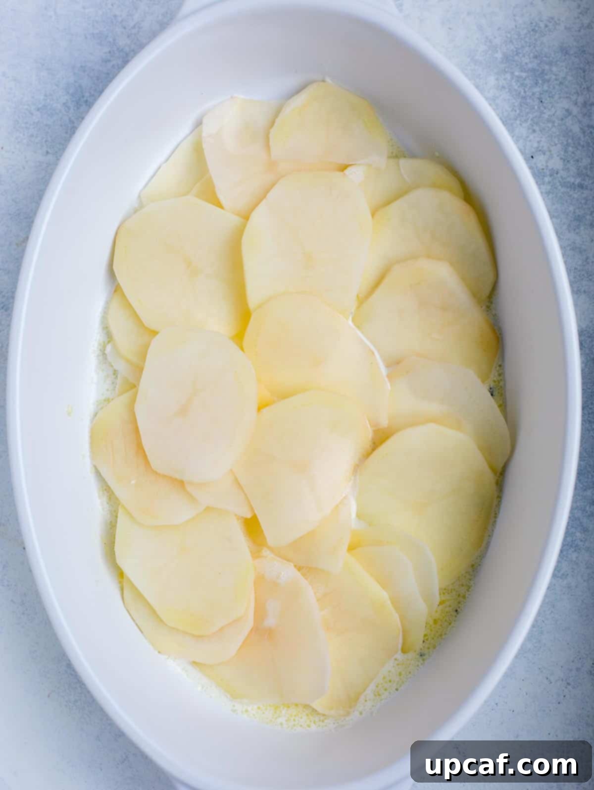 Step-by-step image showing the initial layers of potatoes, cream, and cheese being assembled in a baking dish.