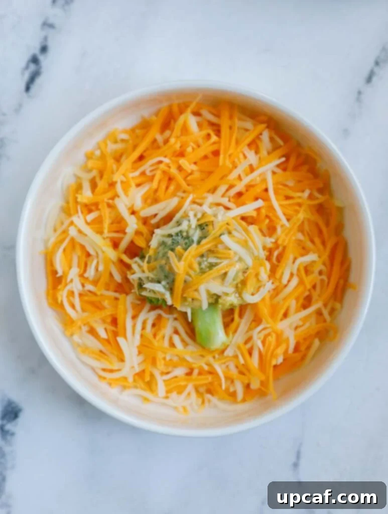 Broccoli in a bowl of cheese.