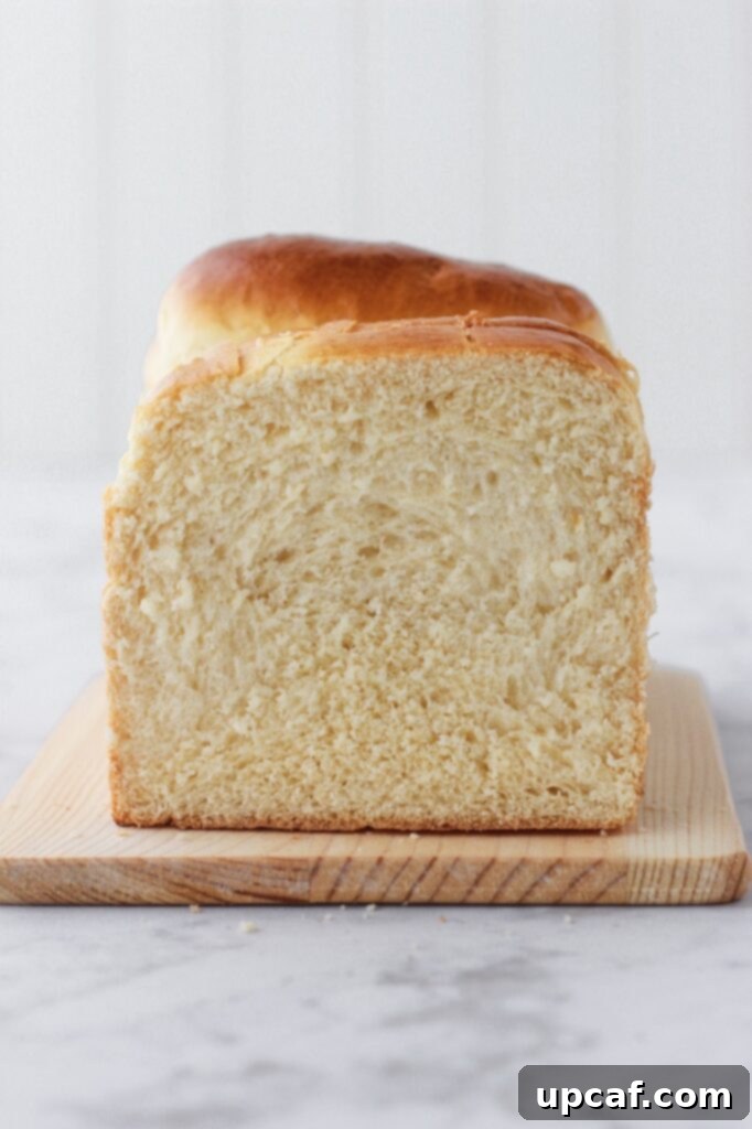 Image of the inside of a freshly baked loaf of sandwich bread, showing its soft, airy texture.