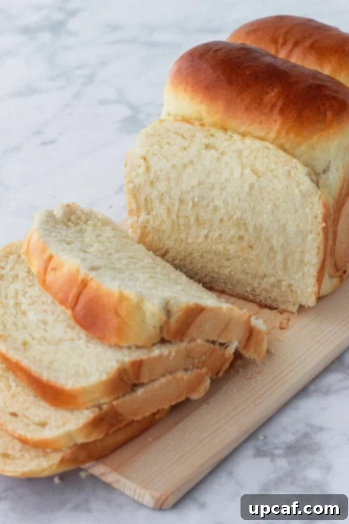 A freshly baked sandwich loaf being sliced into four even slices on a cutting board.