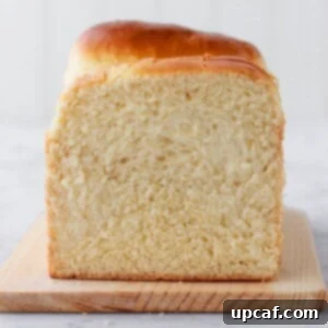 Close-up image of a perfectly sliced homemade sandwich bread loaf, revealing its soft and airy texture.