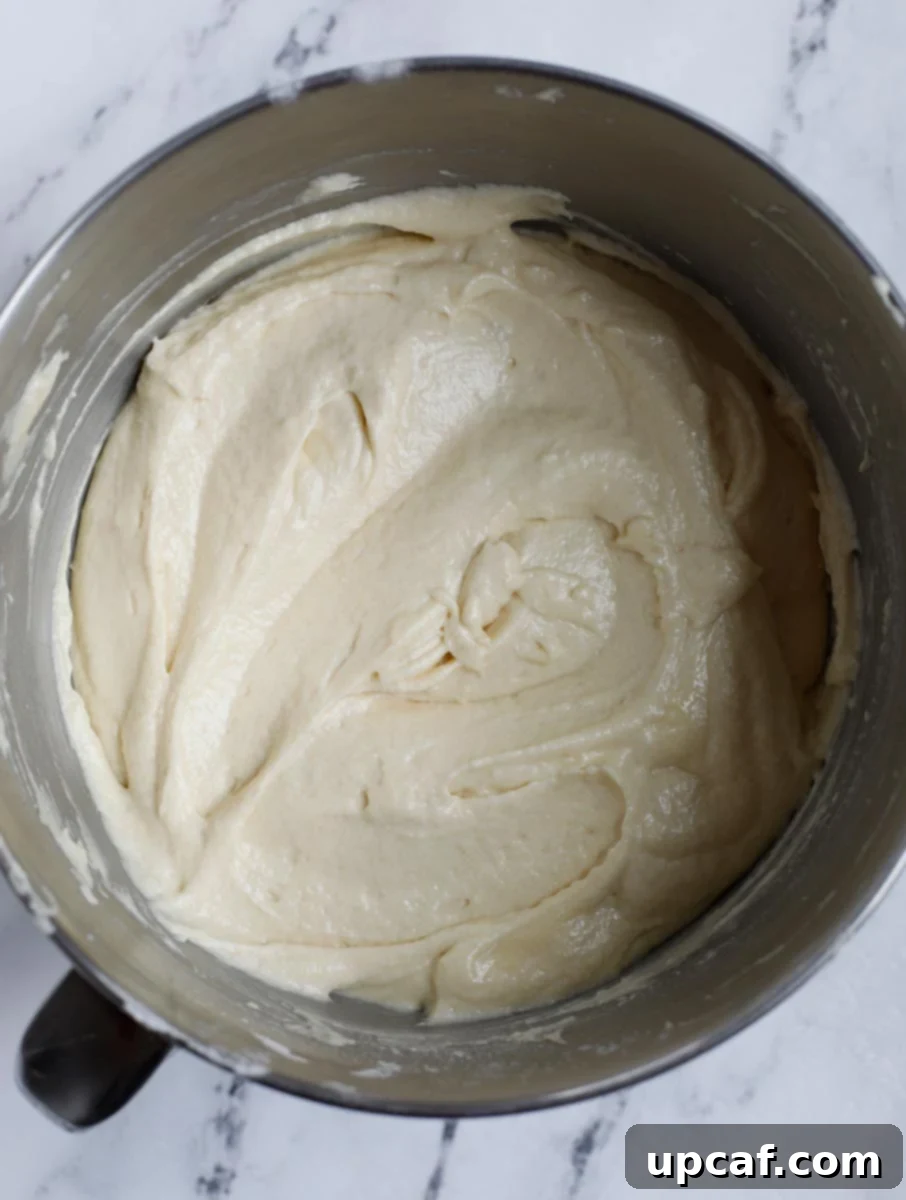 Zesty Holiday Fruitcake 13 The smooth, thick cake batter in a bowl, perfectly mixed and ready for the dried fruits.