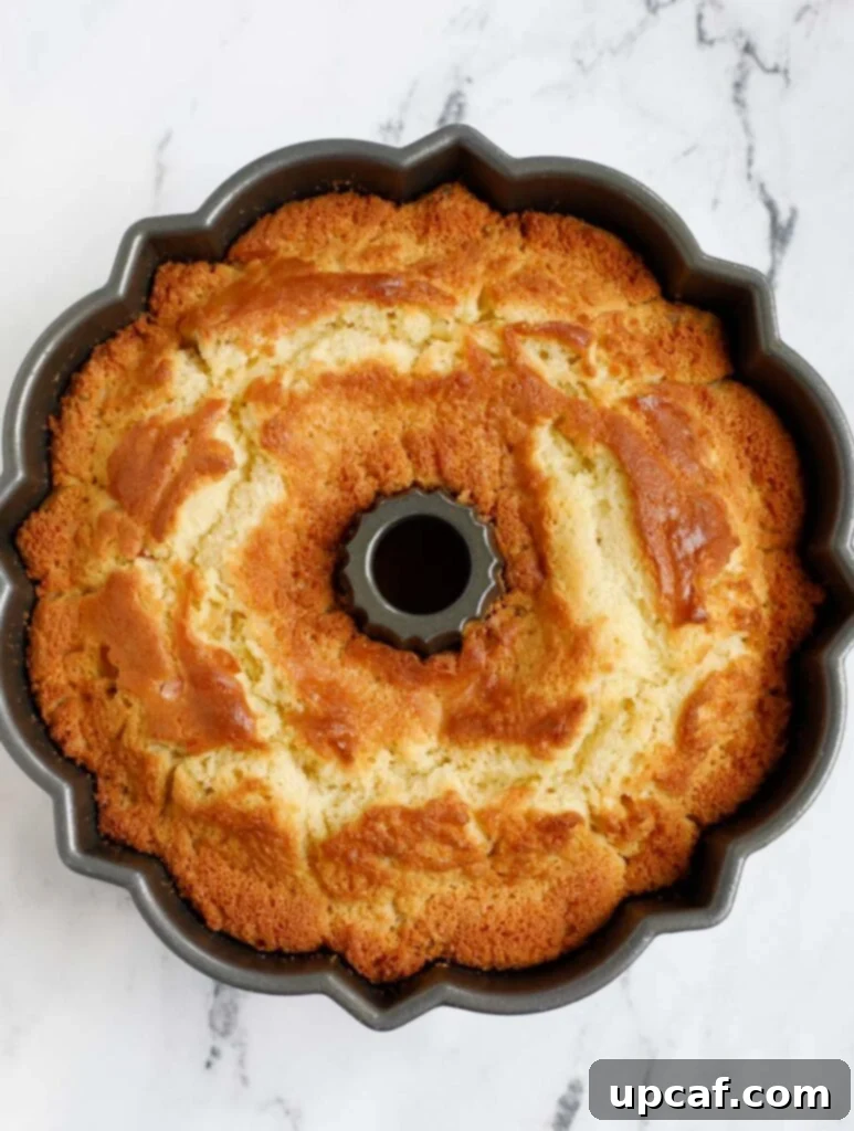 Zesty Holiday Fruitcake 19 A top-down view of the beautifully baked orange fruit cake, golden brown and perfectly risen from the Bundt pan.