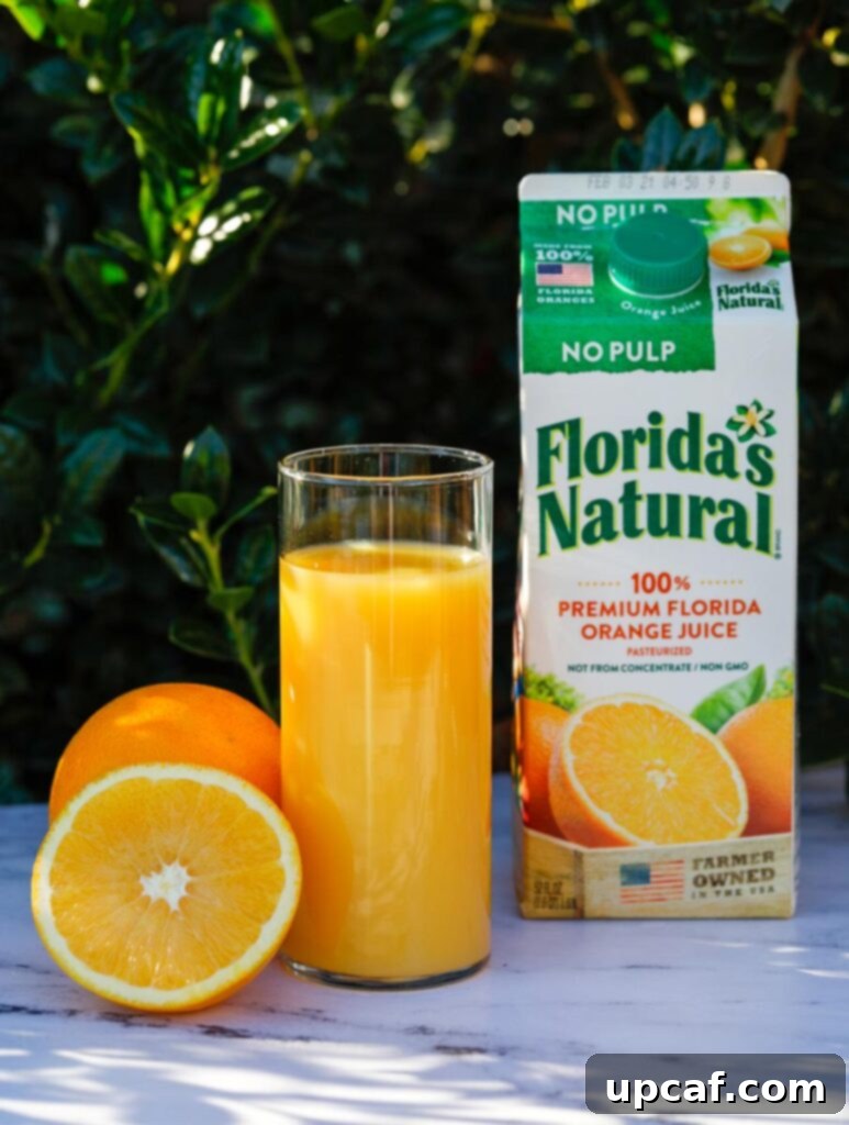 Zesty Holiday Fruitcake 3 A vibrant glass of Florida's Natural orange juice, showcasing its pure and fresh quality, ready to be incorporated into a delicious recipe.