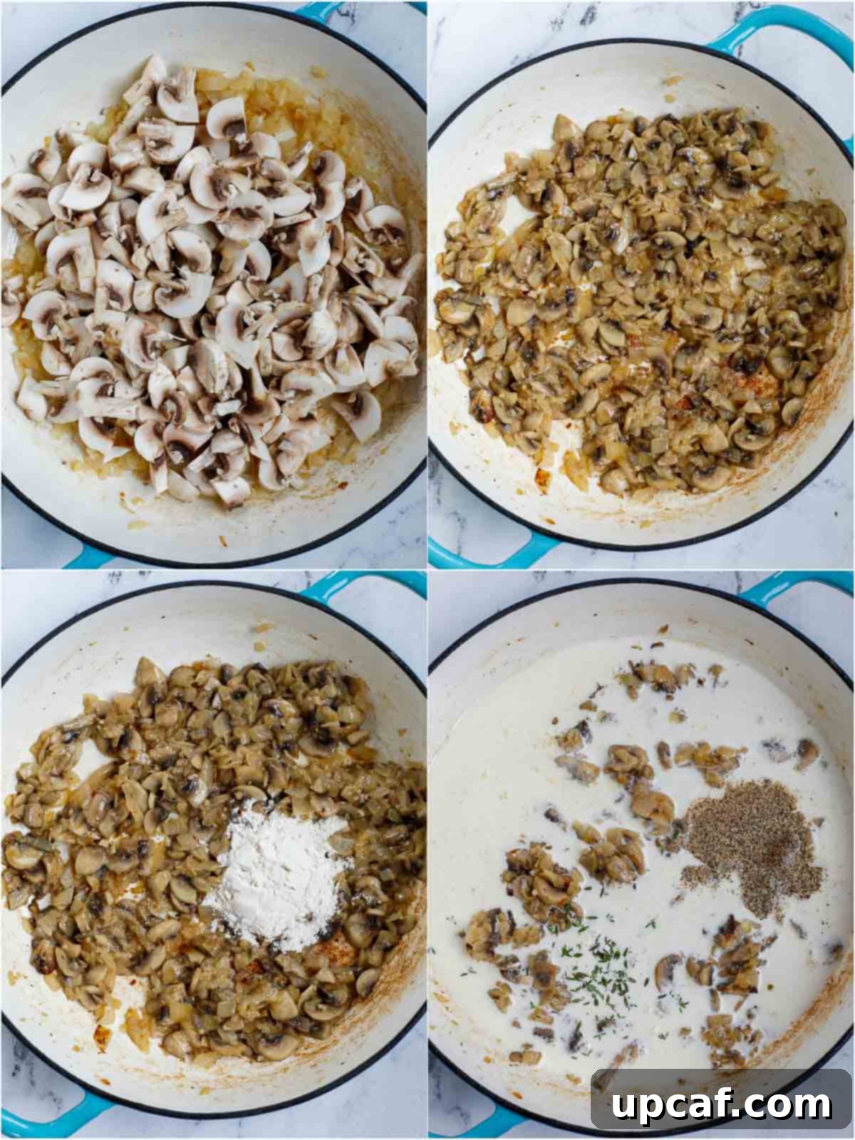 Ultimate Homestyle Green Bean Casserole 5 Creamy mushroom sauce simmering in a pan, thickening to a rich consistency.