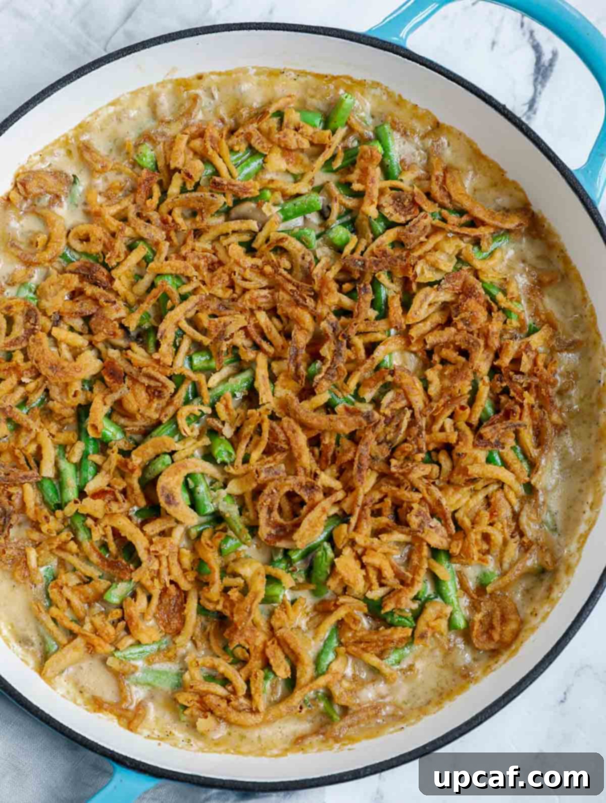 Ultimate Homestyle Green Bean Casserole 8 Final dish of homemade green bean casserole, golden and bubbly, fresh from the oven.