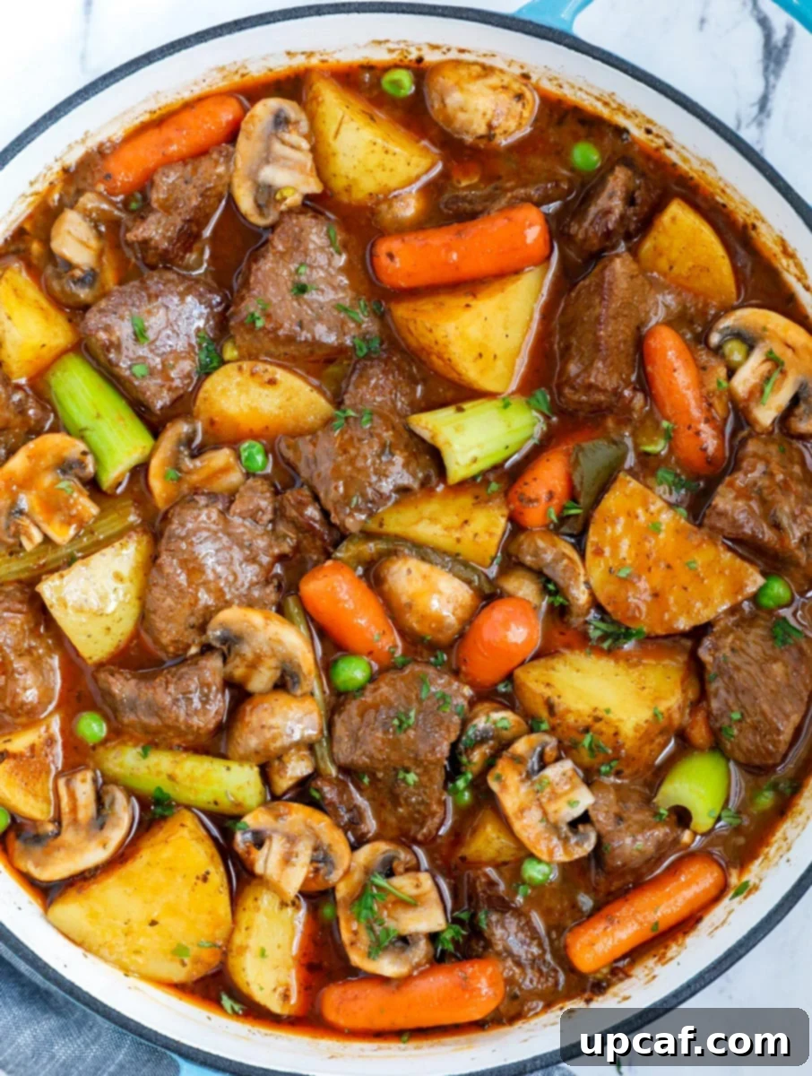 Overhead view of homemade oven beef stew recipe in a cast iron skillet.