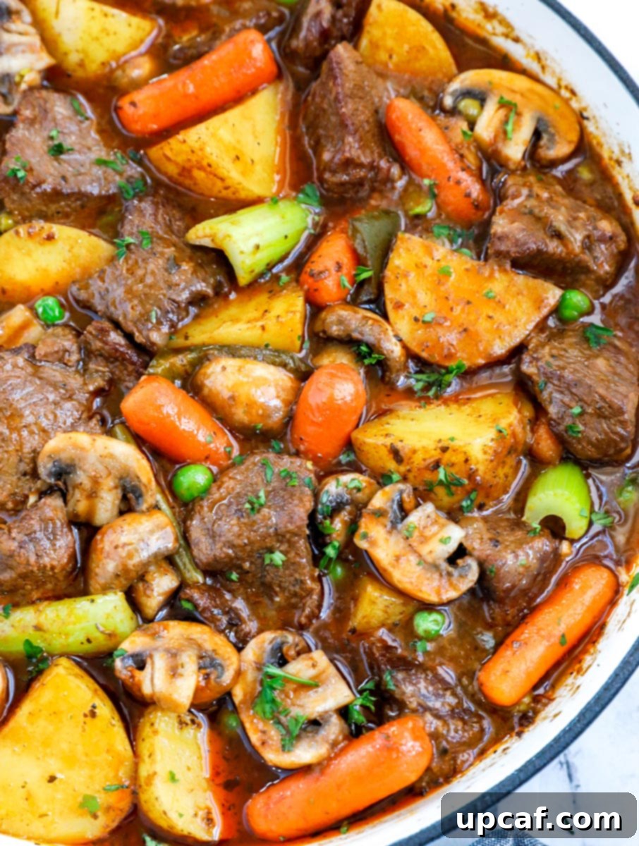Overhead view of homemade oven beef stew recipe in a cast iron skillet.