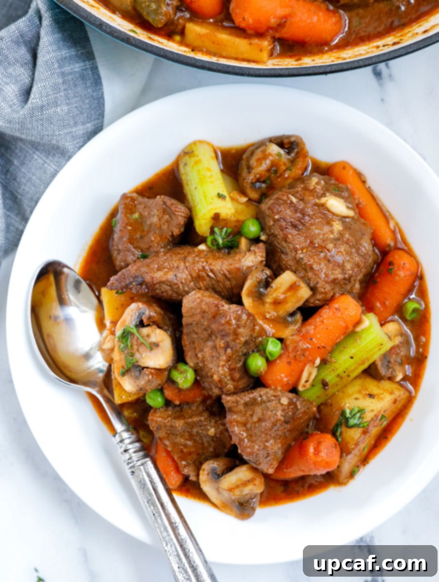 Overhead view of homemade oven beef stew recipe in a plate.