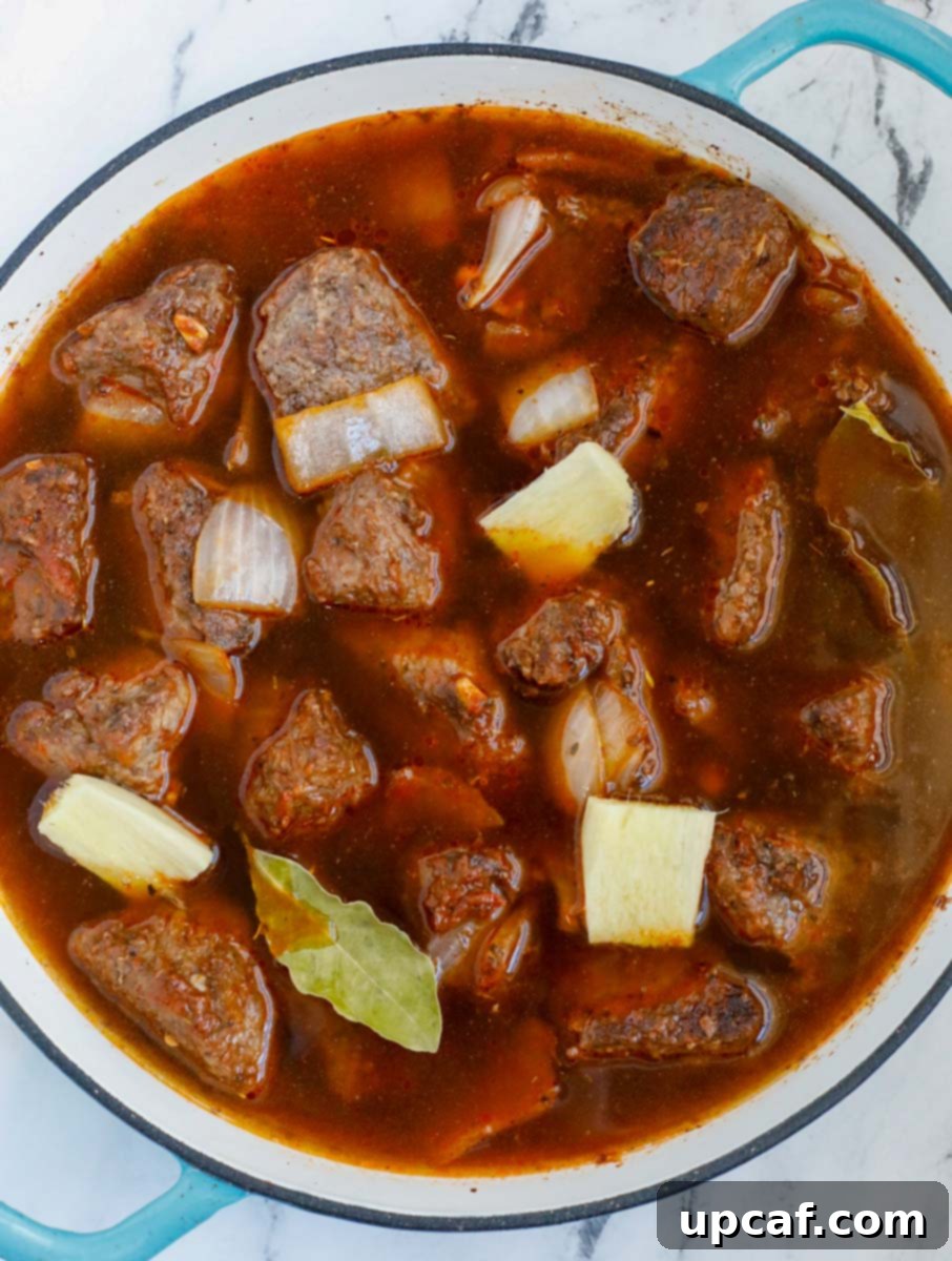 Top down view of beef, tomato broth and onions in a dutch oven.