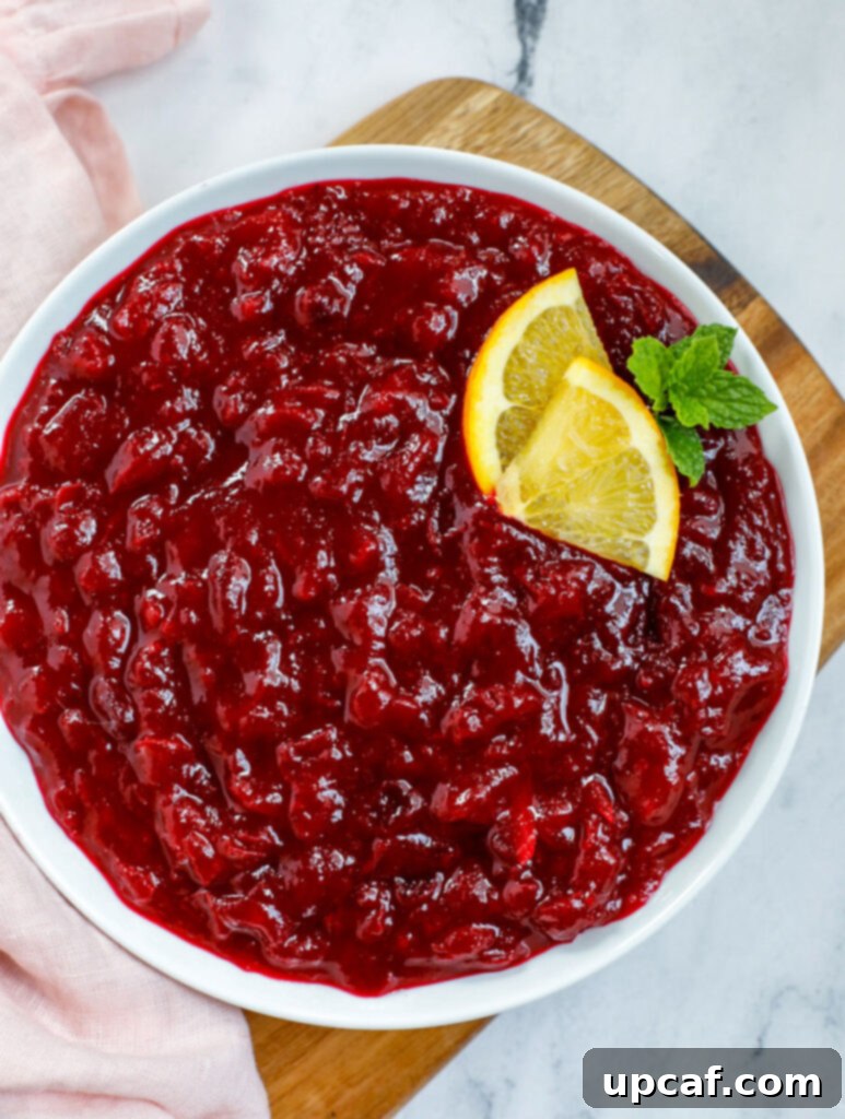 Top-down view of vibrant homemade cranberry sauce served in a pristine white bowl, ready to be enjoyed.