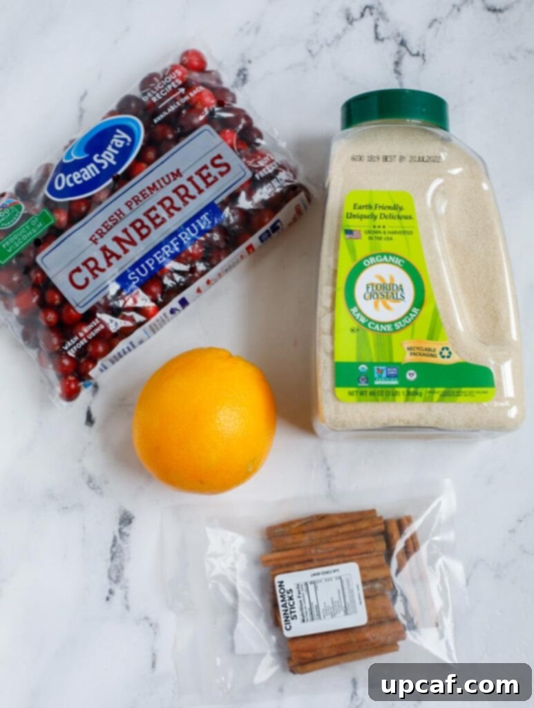 A collection of fresh ingredients laid out, including a bag of cranberries, a fresh orange, a cinnamon stick, and a bowl of sugar, prepared for making homemade cranberry sauce.