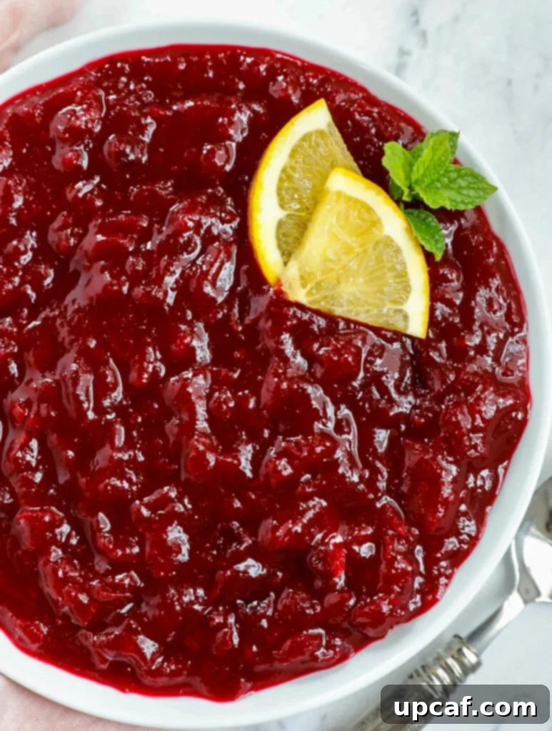 Top-down view of luscious homemade cranberry sauce, garnished with fresh mint, served in an elegant white dish.