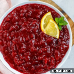 Top-down view of vibrant homemade cranberry sauce served in a white dish