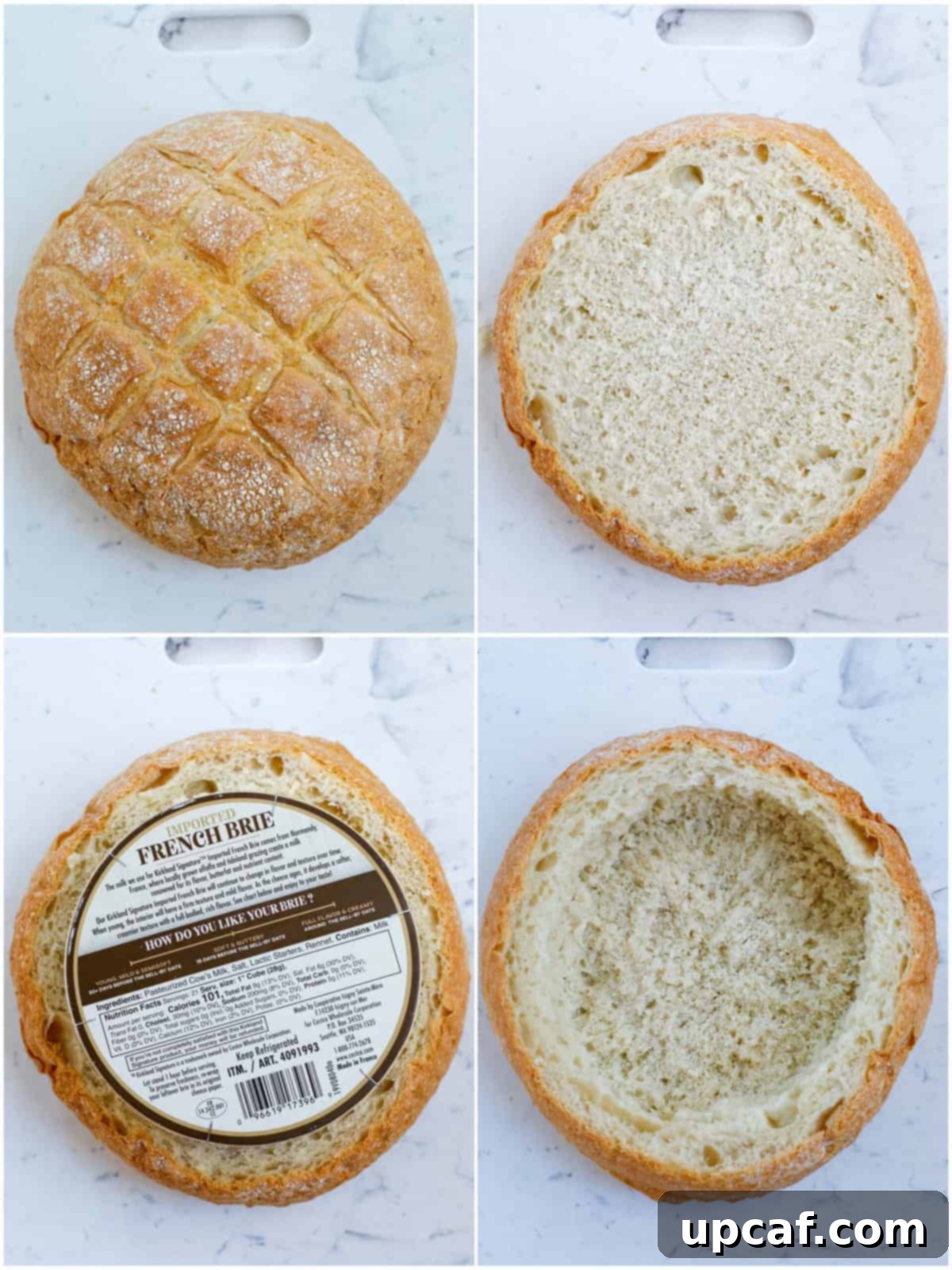 Cranberry Brie Bread Bake 4 Close-up of a rustic boule loaf being scored for a cranberry brie bread bowl, showing the circular cut where the brie will be placed.