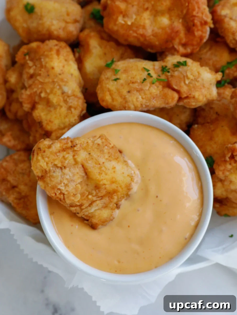 Homemade chicken nuggets dipped in sauce.