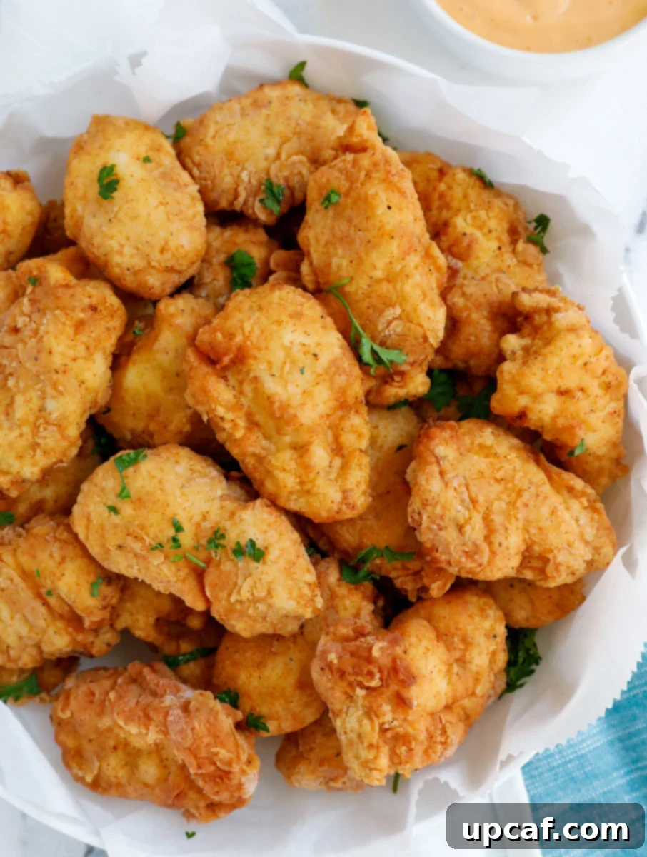 Top down view of homemade chicken nuggets on a plate with dip on the side.