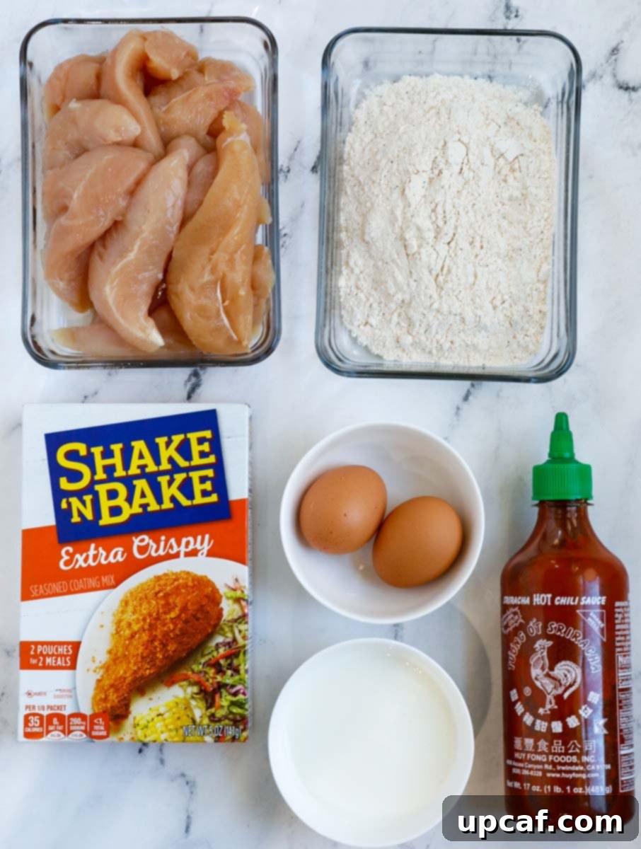 Top down view of ingredients for crispy chicken tenders.
