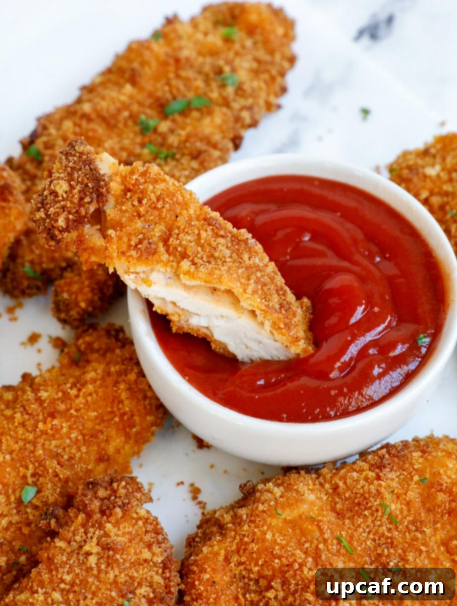 a piece of sliced chicken tenders being dipped into ketchup