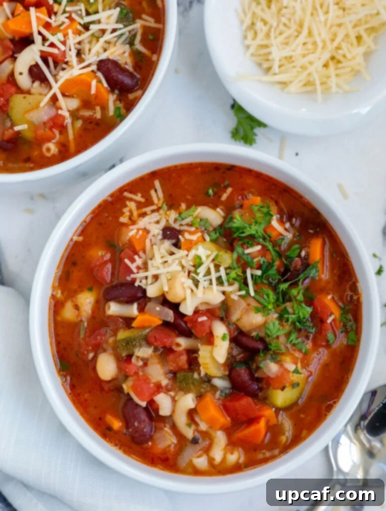 Rustic Vegetable Minestrone 2 Top down shot of vegetable minestrone soup in two bowls, garnished with fresh herbs.