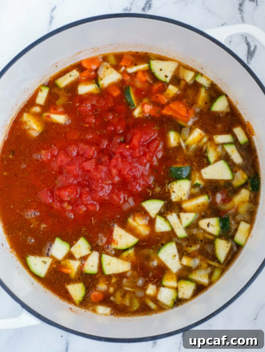 Rustic Vegetable Minestrone 7 Broth, vegetables, and tomato paste simmering together in a pot.