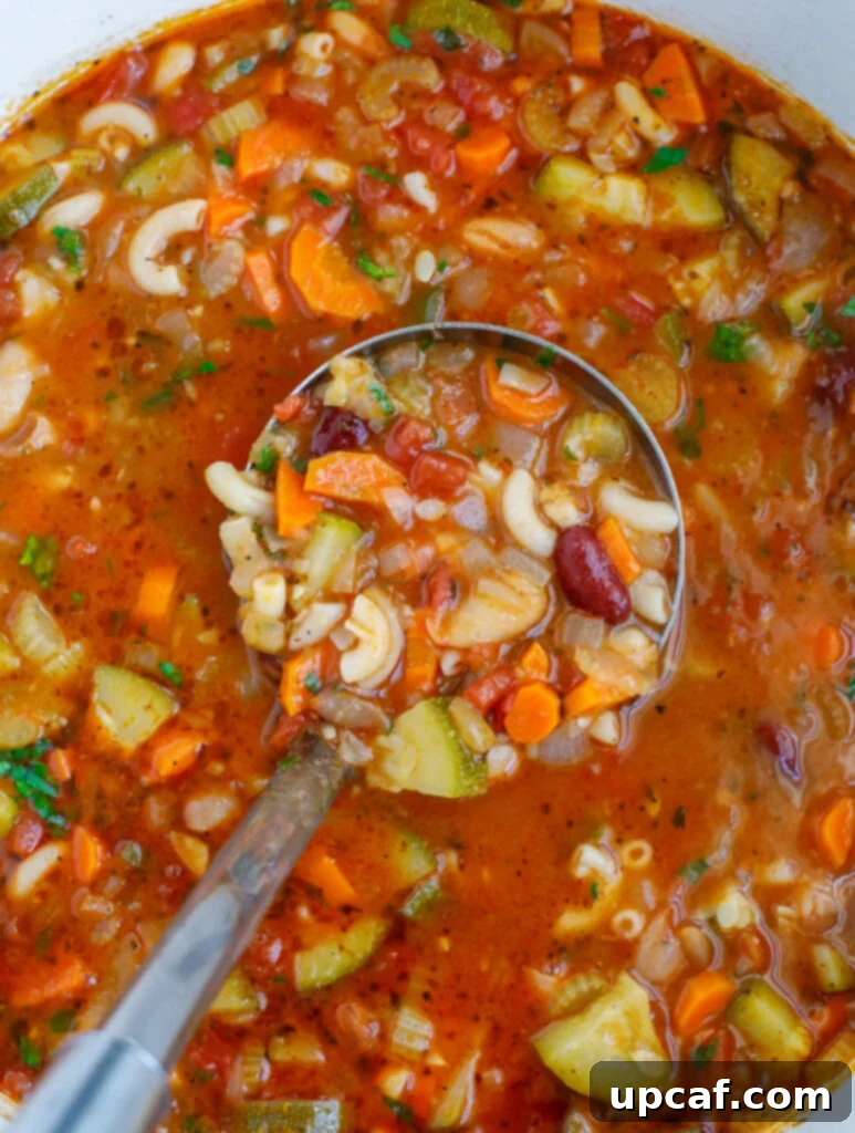 Rustic Vegetable Minestrone 8 A ladle scooping out some rich vegetable minestrone soup from a large pot.