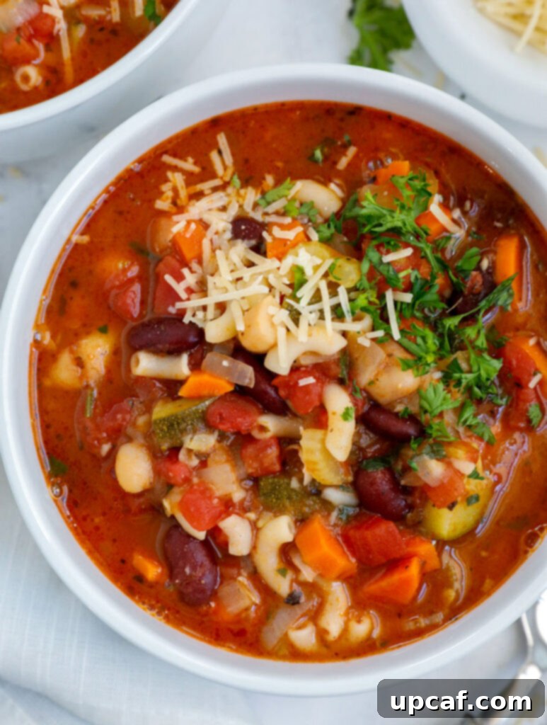 Rustic Vegetable Minestrone 9 Top down view of a colorful bowl of vegetable minestrone soup, garnished with fresh basil.