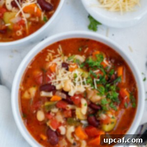 Rustic Vegetable Minestrone 10 Top down shot of vegetable minestrone soup in two bowls.
