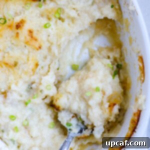 Top down view of mashed potatoes in a baking dish with a portion taken out.