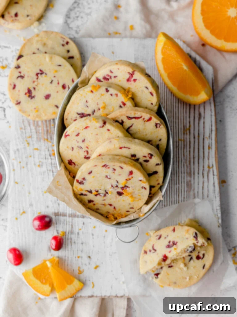 A vibrant top-down view of beautifully arranged Cranberry Orange Shortbread Cookies, showcasing their golden edges and ruby-red cranberry speckles. Perfect for holiday gatherings.
