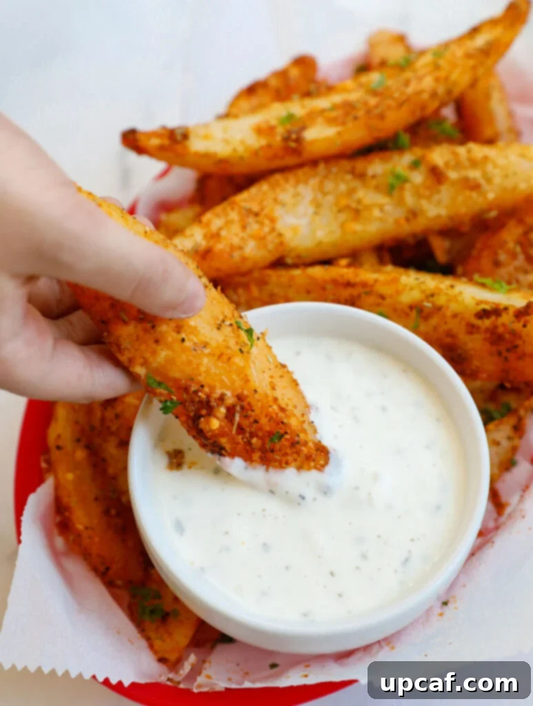 Hand dipping a potato wedge into some sauce. 