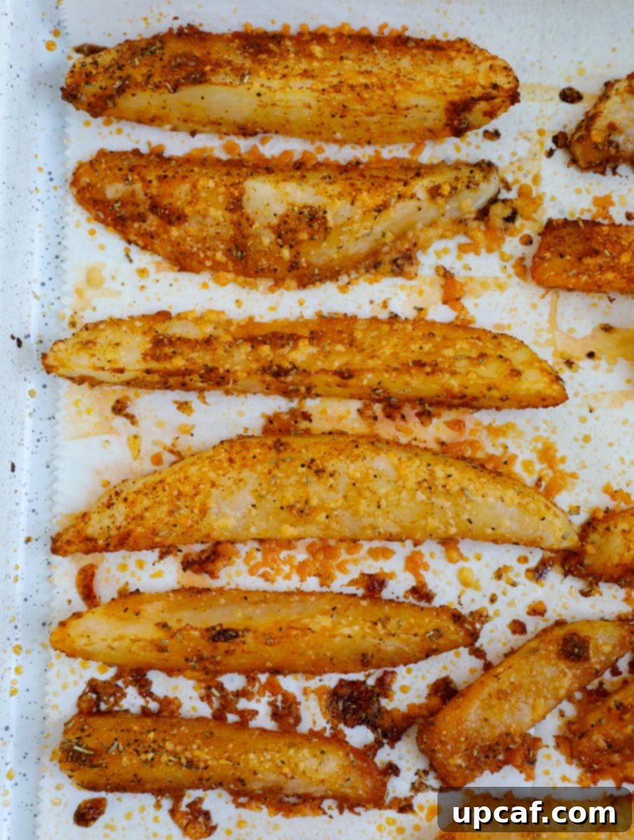 Crispy potato wedges on a baking sheet.